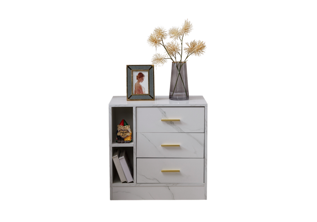 Derick three-drawer marble white nightstand