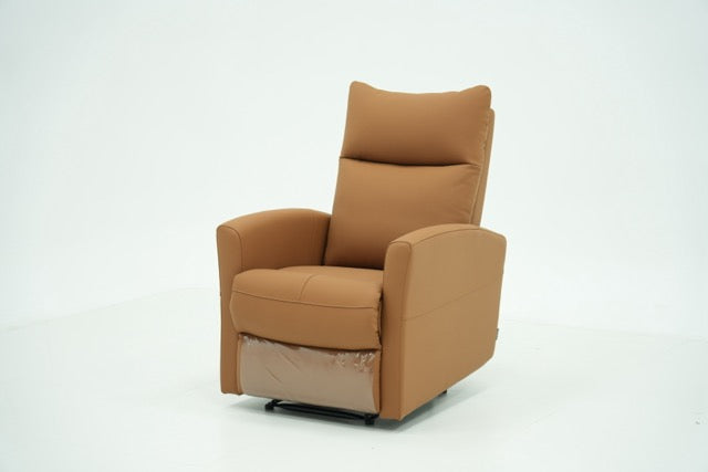 Tan leather recliner side view